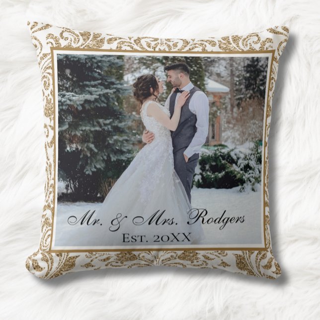Elegant White and Gold Faux Glitter Photo Wedding  Throw Pillow (Creator Uploaded)