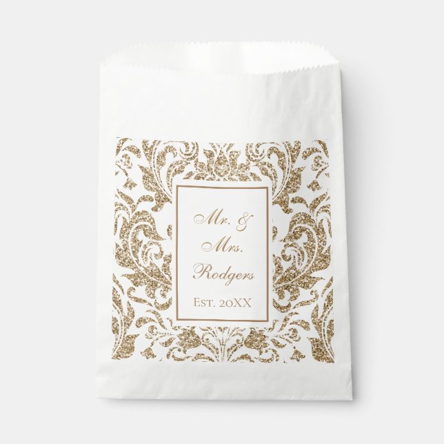Elegant White and Gold Faux Glitter Wedding Favour Bag (Front)