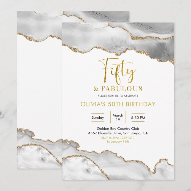Elegant White and Gold Fifty and Fabulous Invitation (Front/Back)