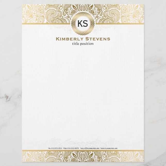 Elegant White And Gold Floral Paisley Letterhead (Front)