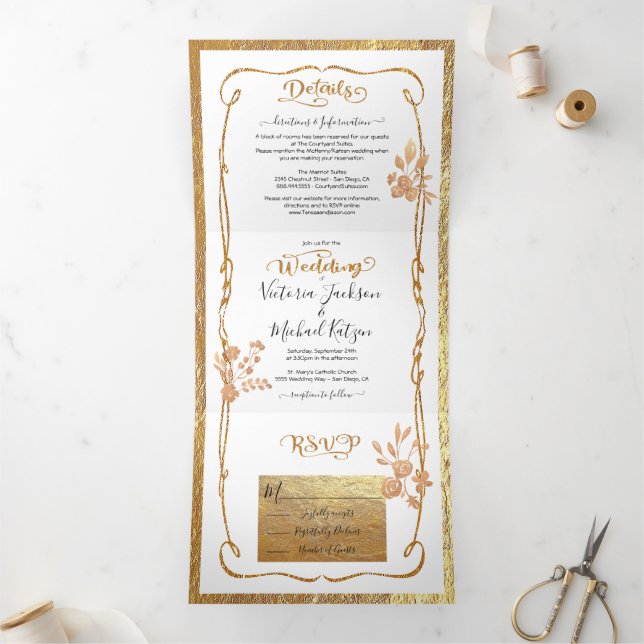 Elegant white and gold Floral Wedding Tri-Fol Tri-Fold Invitation (Inside)