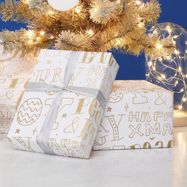 Elegant White and Gold Foil Christmas Word Art Wrapping Paper (Holidays)