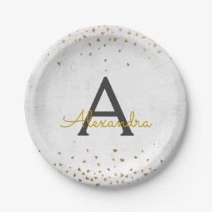 Elegant White and Gold Foil Confetti Monogram Paper Plate