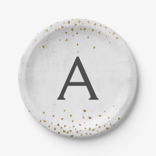 Elegant White and Gold Foil Confetti Monogram Paper Plate (Front)