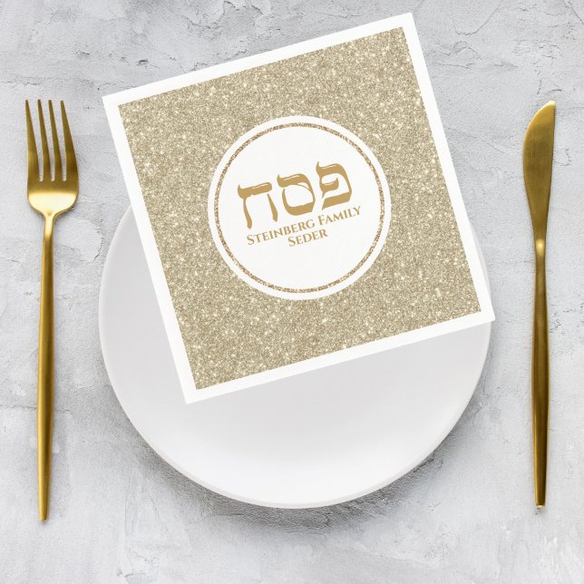 Elegant White and Gold Glitter Hebrew Passover Napkin (Creator Uploaded)