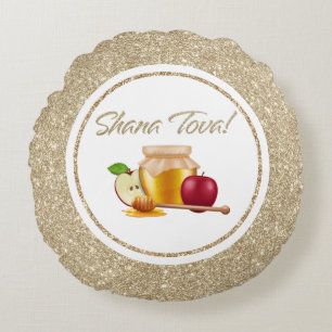 Elegant White and Gold Glitter Rosh Hashanah Round Pillow