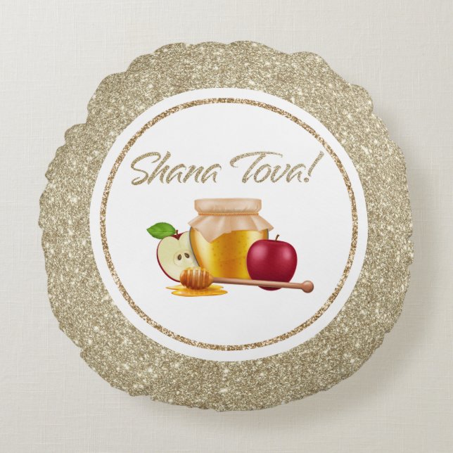 Elegant White and Gold Glitter Rosh Hashanah Round Pillow (Front)