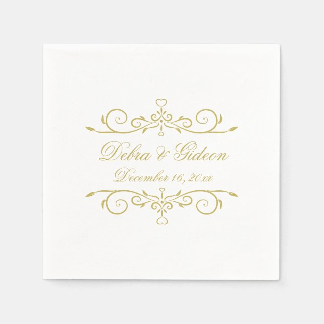 Elegant White and Gold Heart Flourish Wedding Napkin (Front)