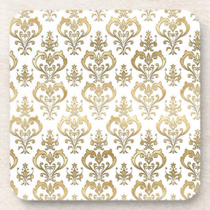 Elegant White and Gold Hearts Valentine's Damask Coaster