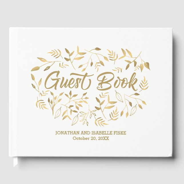 Elegant White and Gold Leaves Boho Glam Wedding Guest Book (Front)