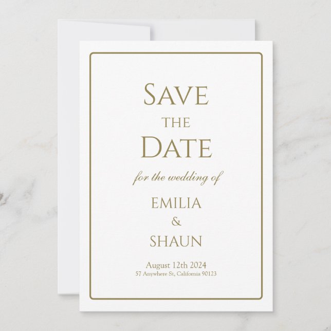 Elegant White and Gold Minimalist Save the Date Invitation (Front)