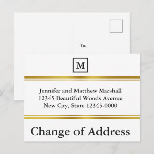 Elegant White and Gold Monogram Change of Address Announcement Postcard