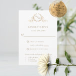 Elegant White and Gold Monogram RSVP Card<br><div class="desc">Elegant RSVP card with beautiful golden botanical monogram. Clean, minimal and elegant style. White and gold design. Back in white, which can be changed to any other colour you like by selecting "customize further". Ability to add meal choices, or, if you rather have RSVP without meal options, simply erase meal...</div>
