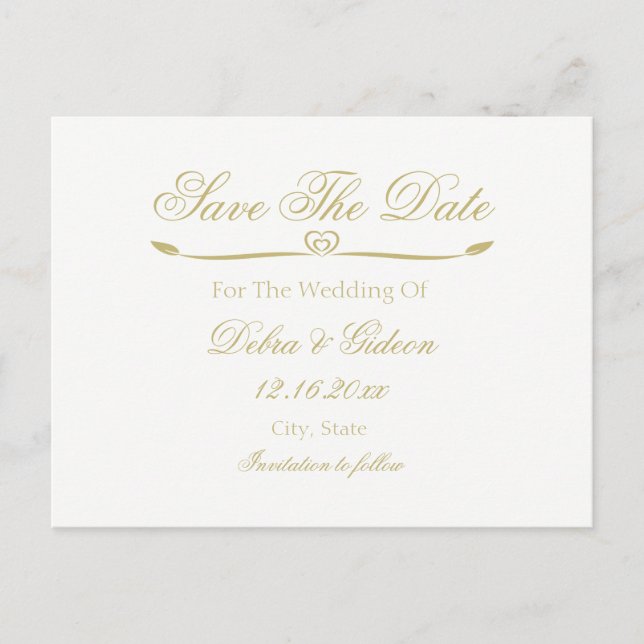 Elegant White and Gold Monogram Save the Date Announcement Postcard (Front)