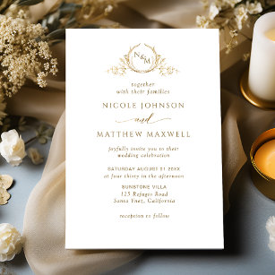 Elegant White and Gold Monogram Wedding Invitation