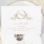 Elegant White and Gold Monogram Wedding Photo Save The Date<br><div class="desc">Elegant Wedding invitation save the date card with delicate hand drawn monogram with couples initials and beautiful hand written calligraphy details. Back with photograph, simply add your photo on the image template, and Zazzle will automatically make it in circular shape and add it in the right place for you! Feel...</div>