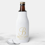 Elegant White and Gold Personalized Bridesmaid Bottle Cooler<br><div class="desc">Elegant Black and White Personalized Bridesmaid Gifts featuring personalized monogram in gold elegant script font style with bridesmaid's name and title in gold classic serif font style. Also perfect for Maid of Honour, Flower Girl, Mother of the Bride and more. Please Note: The foil details are simulated in the artwork....</div>