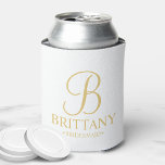 Elegant White and Gold Personalized Bridesmaid Can Cooler<br><div class="desc">Elegant White and Gold Personalized Bridesmaid Gifts featuring personalized monogram in gold elegant script font style with bridesmaid's name and title in gold classic serif font style. Also perfect for Maid of Honour, Flower Girl, Mother of the Bride and more. Please Note: The foil details are simulated in the artwork....</div>