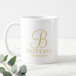 Elegant White and Gold Personalized Bridesmaid Coffee Mug<br><div class="desc">Elegant Personalized Bridesmaid Gifts featuring personalized monogram in gold elegant script font style with bridesmaid's name and title in gold classic serif font style. Also perfect for Maid of Honour, Flower Girl, Mother of the Bride and more. Please Note: The foil details are simulated in the artwork. No actual foil...</div>