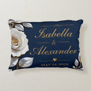 Elegant White and Gold Rose on Navy Blue Accent Pillow