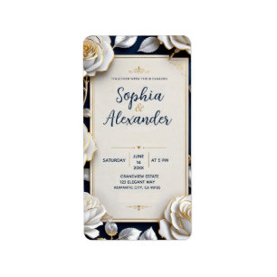 Elegant White and Gold Rose on Navy Blue  Label
