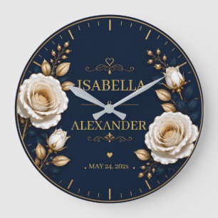 Elegant White and Gold Rose on Navy Blue  Large Clock
