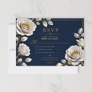 Elegant White and Gold Rose on Navy Blue RSVP Card