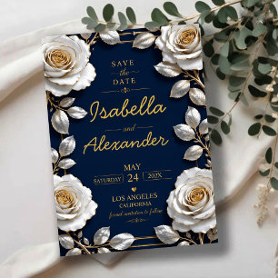 Elegant White and Gold Rose on Navy Blue  Save The Date