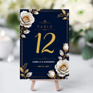 Elegant White and Gold Rose on Navy Blue Table Number
