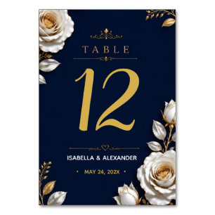 Elegant White and Gold Rose on Navy Blue Table Number