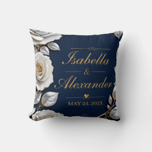Elegant White and Gold Rose on Navy Blue Throw Pillow