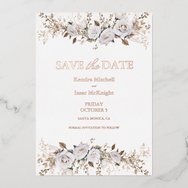 Elegant White and Gold Roses Vintage Crest Wedding (Front)