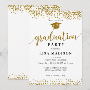Elegant White and Gold Sparkle Glitter Graduation Invitation