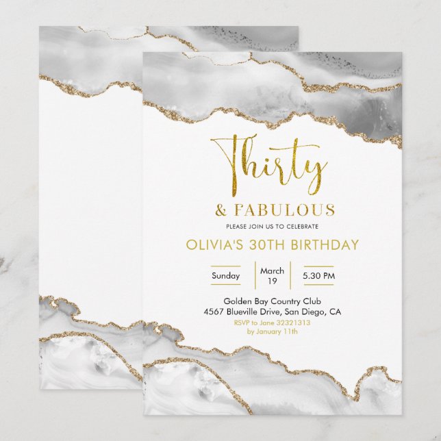 Elegant White and Gold Thirty and Fabulous Invitation (Front/Back)