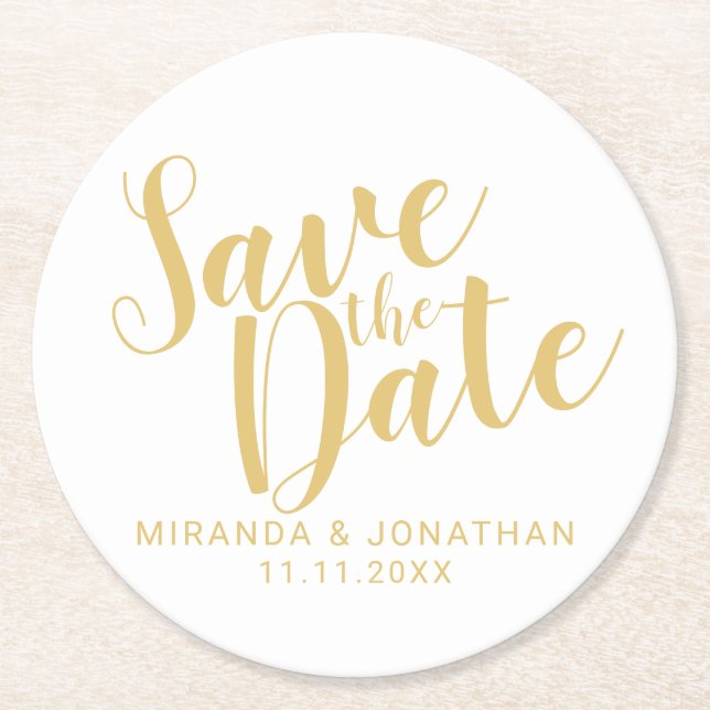 Elegant White and Gold Wedding Save the Date Round Paper Coaster (Front)
