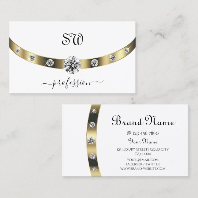 Elegant White and Gold with Initials Rhinestones Business Card (Front/Back)