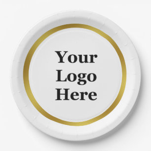 Elegant White and Gold Your Logo Here  Paper Plate