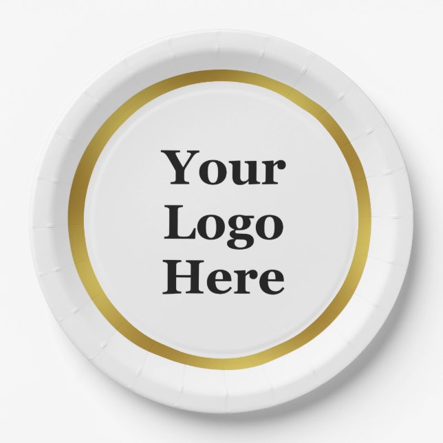 Elegant White and Gold Your Logo Here  Paper Plate (Front)