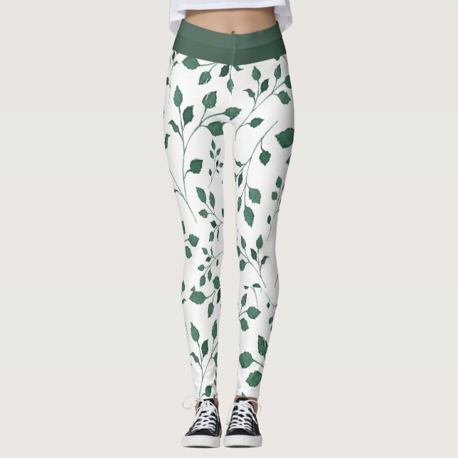 Elegant White and Green Leaf Pattern Print  Leggings (Front)