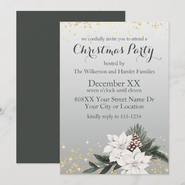 Elegant White and Green Winter Floral Christmas Invitation (Front/Back)