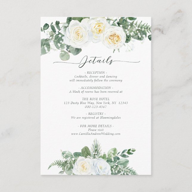 Elegant White and Greenery Flowers Wedding Details Enclosure Card (Front)