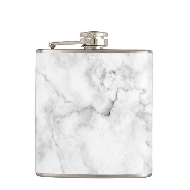 Elegant white and grey faux marble texture hip flask (Front)