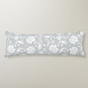 Elegant White And Grey Floral Damask Body Pillow