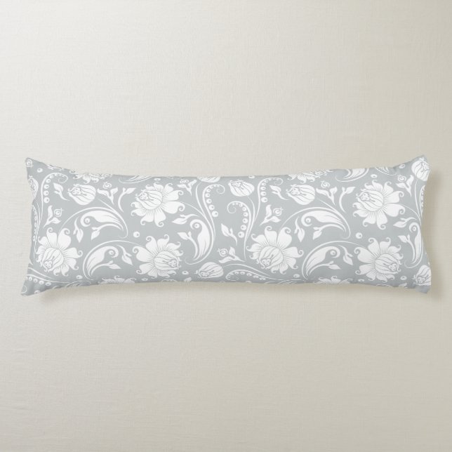 Elegant White And Grey Floral Damask Body Pillow (Front)