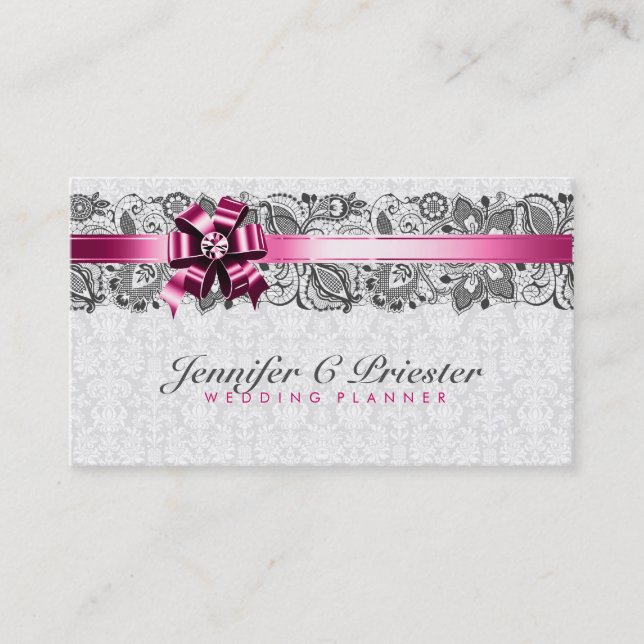 Elegant White And Grey Floral Damasks & Lace Business Card (Front)