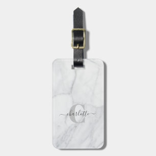 Elegant White and Grey Marble Monogram Name Luggage Tag