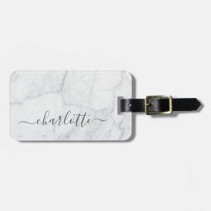 Elegant White and Grey Marble Script Personalized Luggage Tag