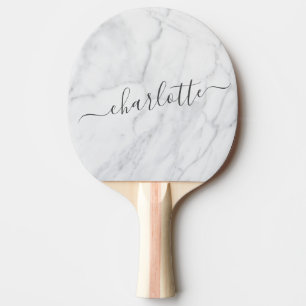 Elegant White and Grey Marble Script Personalized Ping Pong Paddle