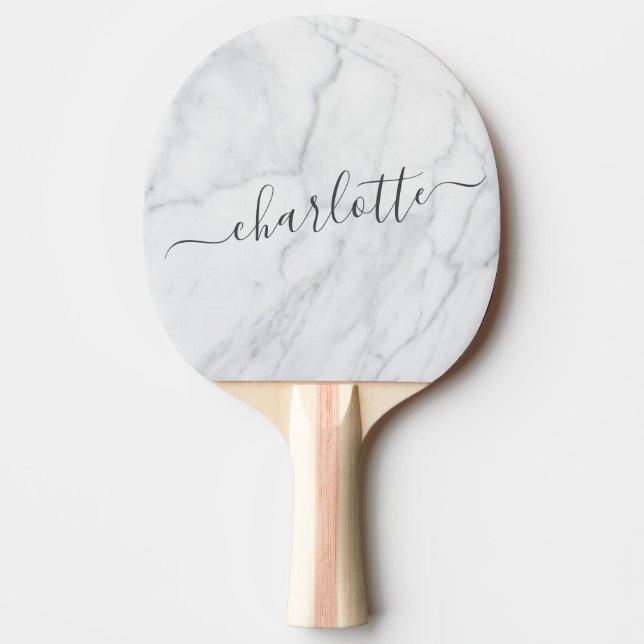 Elegant White and Grey Marble Script Personalized Ping Pong Paddle (Front)