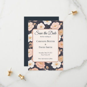 Elegant White and Muted Pink Flowers on Dark Navy  Save The Date